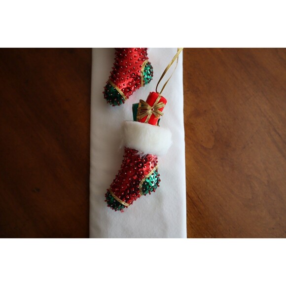 Vtg Lot of 2 Handmade Sequin Beaded Boot Stocking Christmas Ornaments Sulyn - Picture 11 of 12